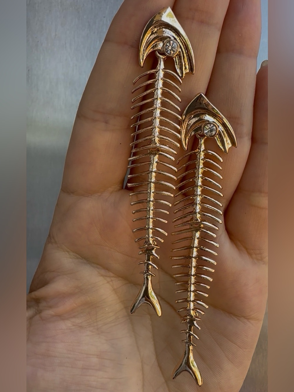 Gold Fishbone Drop Earrings - Picture 3 of 5